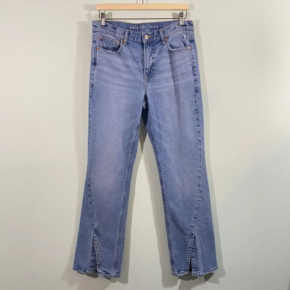 American Eagle Women Blue Slit Hem High Rise 90's Bootcut Jeans Size 8